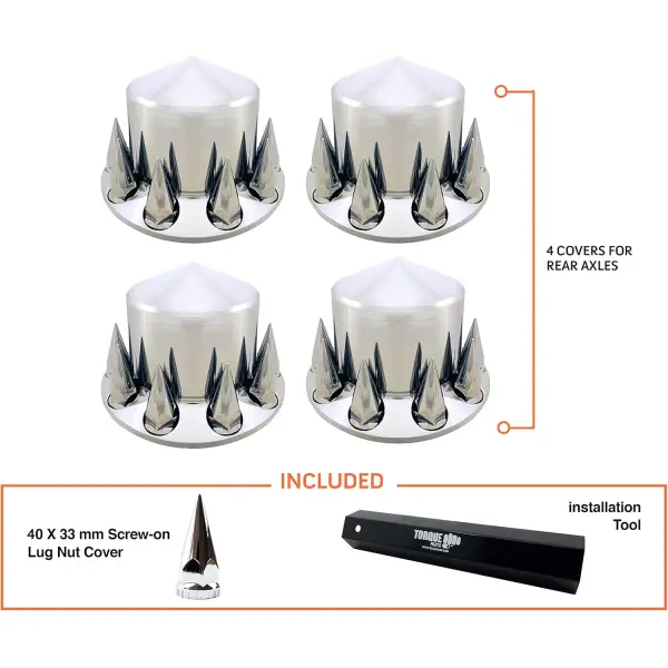 4 pcs of Chrome Rear Spike Wheel Cover w/ 33MM Lug Nut Covers